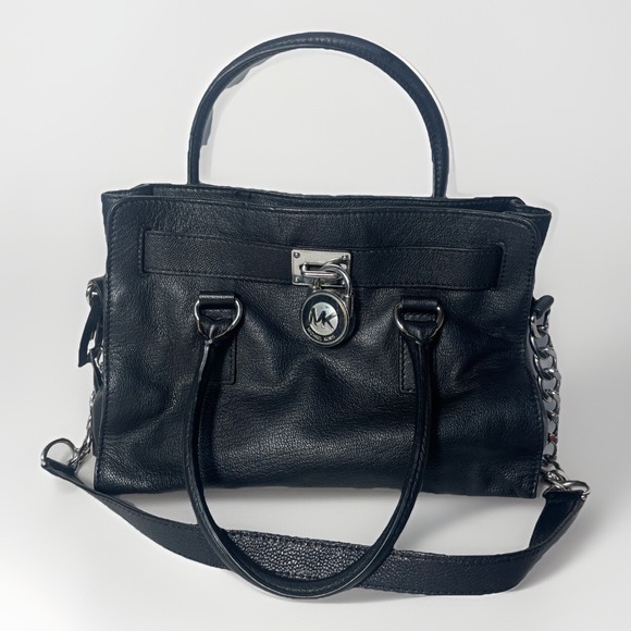MICHAEL KORS HAMILTON BLACK LEATHER SATCHEL HANDBAG Shoulder bag With Lock & Key - Picture 1 of 9